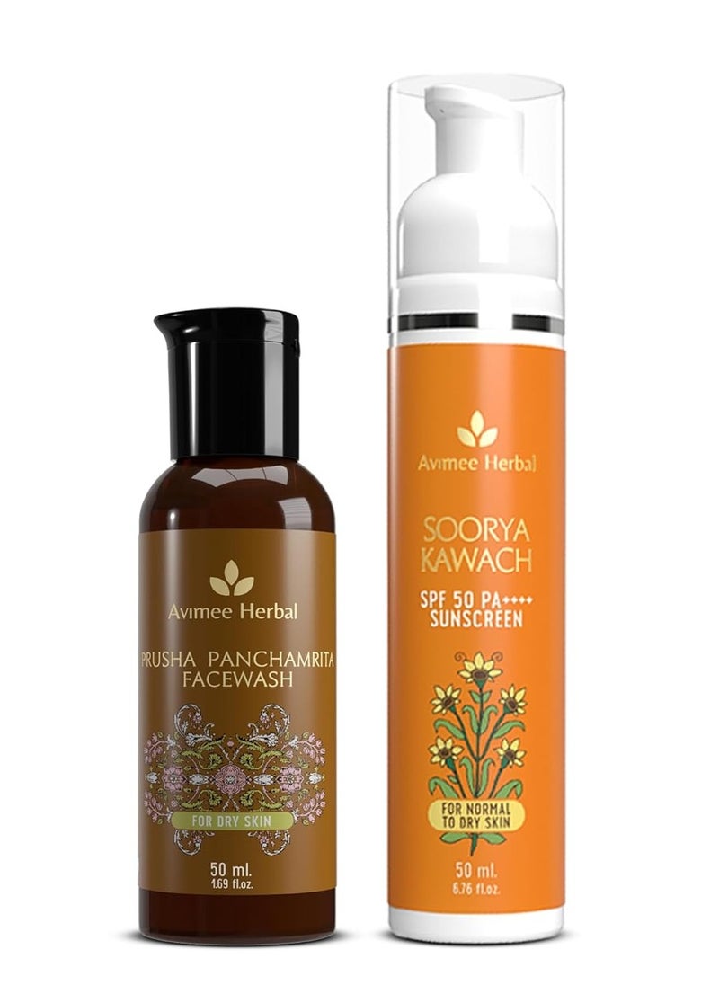 Skin Care Combo - Prusha Panchamrita Facewash, 50 ml - Soorya Kawach Sunscreen, 50ml - Super Saver Pack