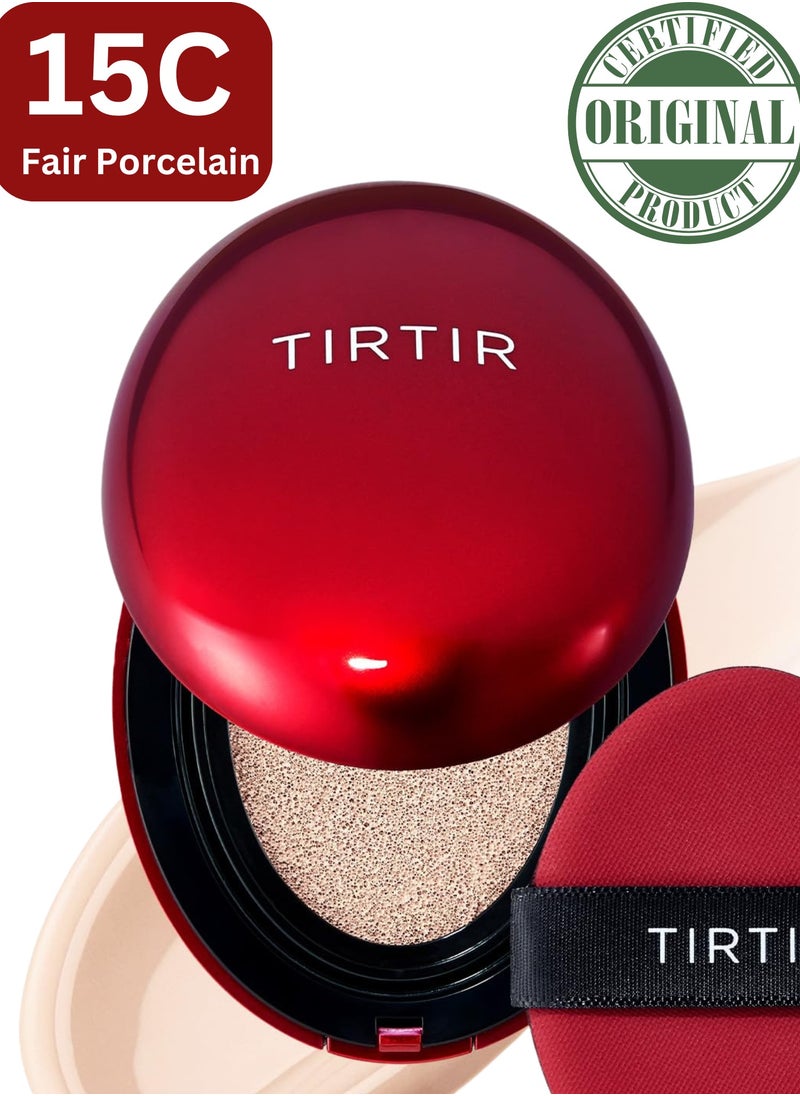 TIRTIR Mask Fit 15C Fair Porcelain Red Cushion Foundation | Full coverage, Weighless, Skin fit, Satin Glow Finish, Korean cushion foundation