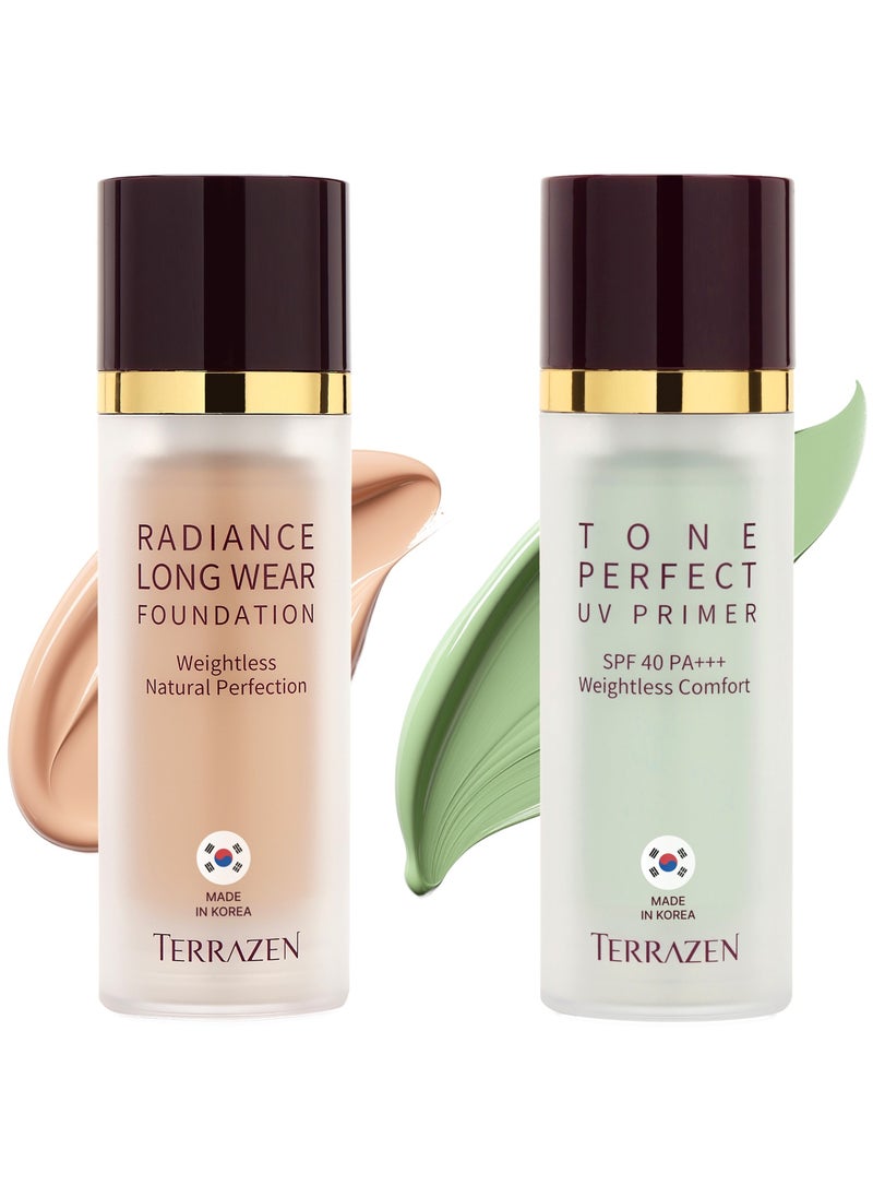 Korean Makeup Bundle - Hydrating Face Primer SPF40 (Green) & Velvet Foundation Cream (Light Beige) - Color Correcting, Long-Lasting, Full Coverage for Red & Sensitive Skin