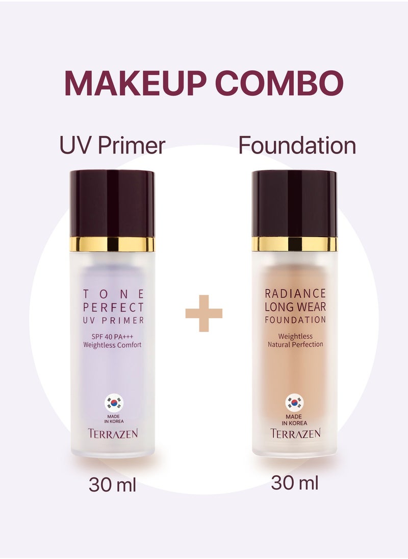 Korean Makeup Bundle - Hydrating Face Primer SPF40 (Lavender Purple) & Liquid Foundation CC Cream (Natural Beige) - Color Correcting, Long-Lasting Coverage for Sensitive Skin