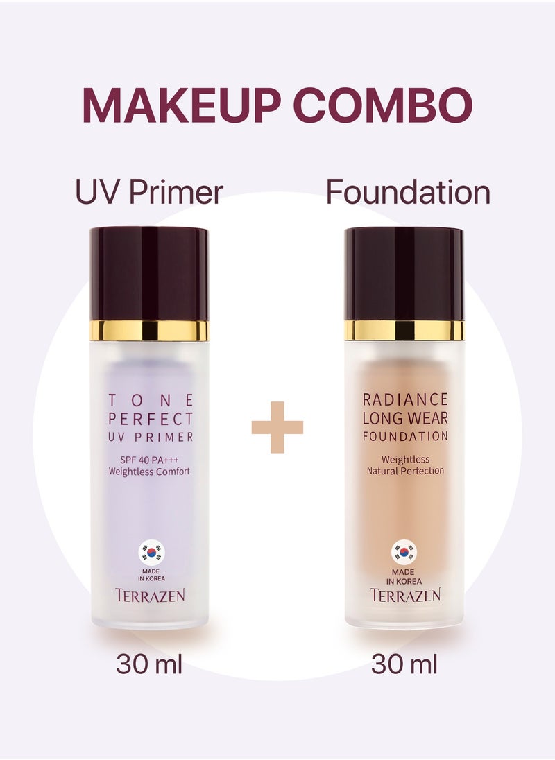 Korean Makeup Bundle - Hydrating Face Primer SPF40 (Lavender Purple) & Velvet Foundation Cream (Light Beige) - Color Correcting, Long-Lasting, Full Coverage for Sensitive Skin