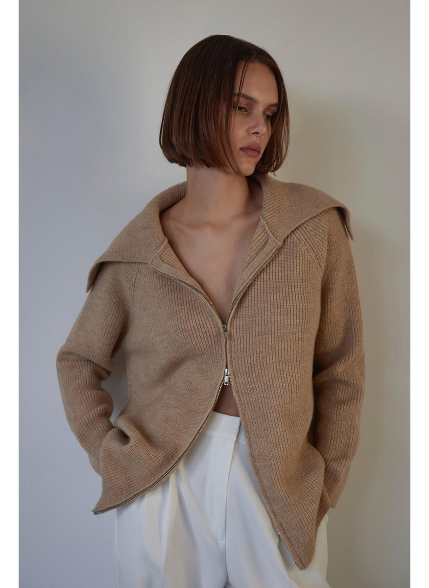 Beige Double Zipper Knitwear Cardigan