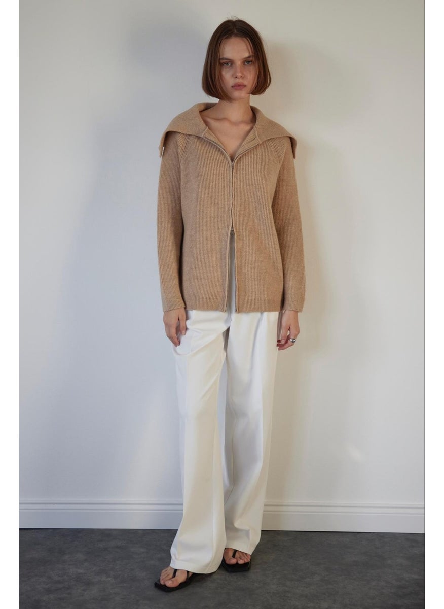 Beige Double Zipper Knitwear Cardigan