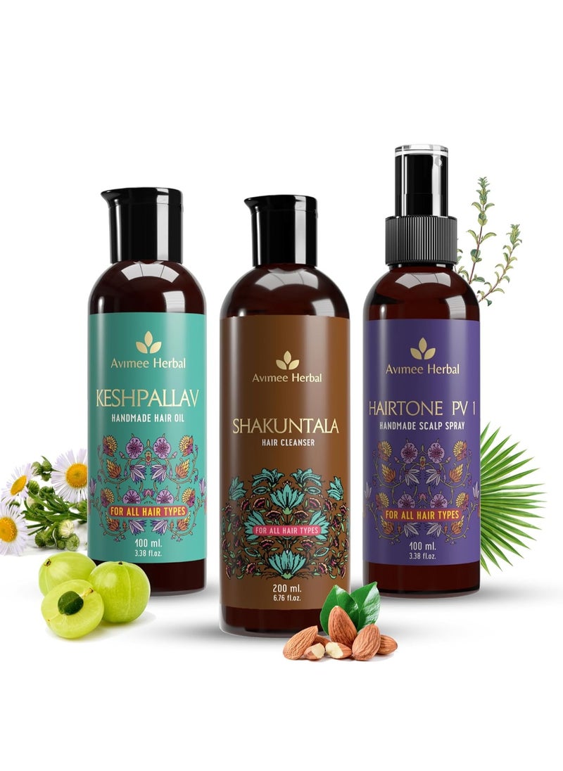 Hair Fall Kit - Keshpallav Hair Oil (100ml) , Shakuntala Hair Cleanser (200ml) and Hairtone PV1 Scalp Spray (100ml) - Hair Nourishment and Care Combo