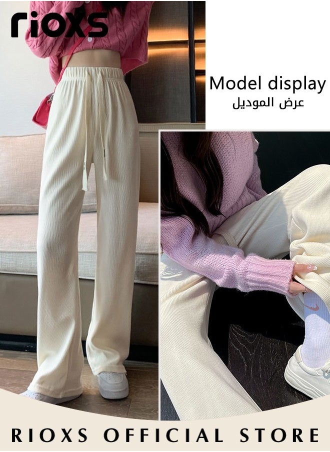 Women's Vintage Drawstrings Wide Leg Corduroy Pants Casual High Waisted Straight Leg Trouser for Fall