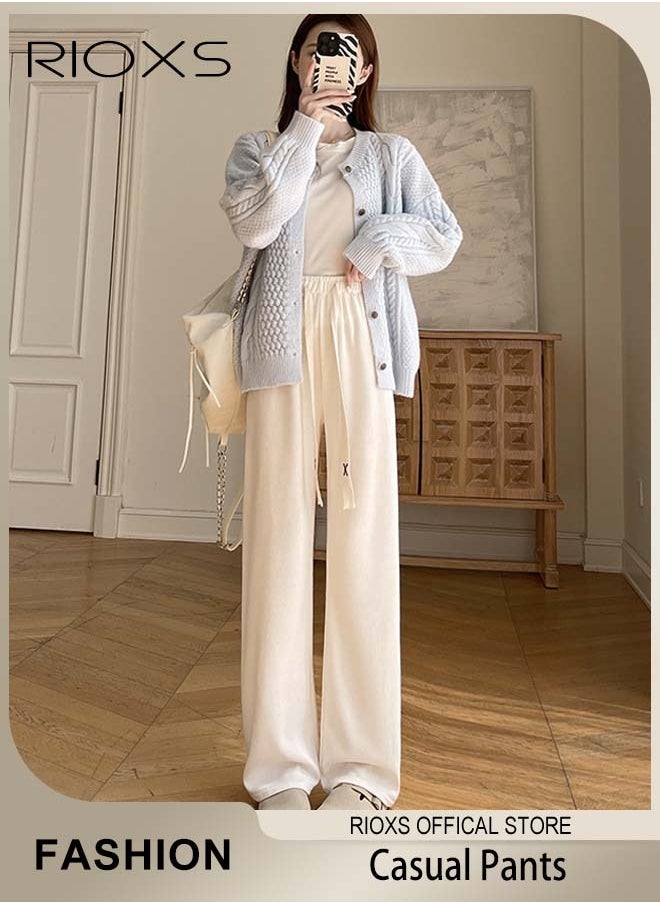 Women's Vintage Drawstrings Wide Leg Corduroy Pants Casual High Waisted Straight Leg Trouser for Fall