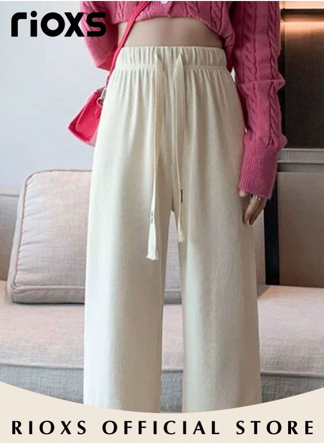 Women's Vintage Drawstrings Wide Leg Corduroy Pants Casual High Waisted Straight Leg Trouser for Fall