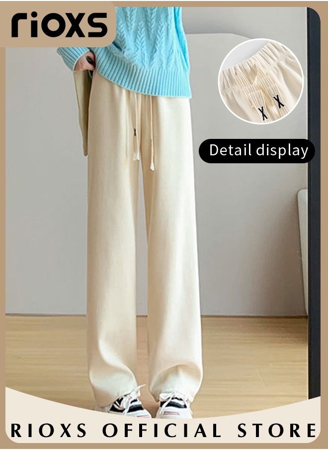 Women's Vintage Drawstrings Wide Leg Corduroy Pants Casual High Waisted Straight Leg Trouser for Fall