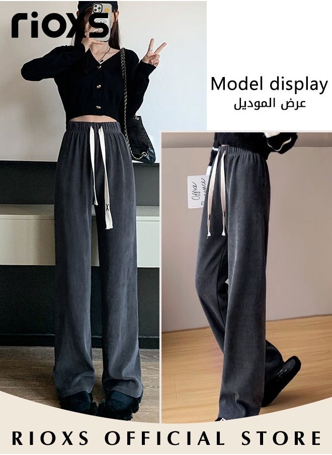 Women's Vintage Drawstrings Wide Leg Corduroy Pants Casual High Waisted Straight Leg Trouser for Fall