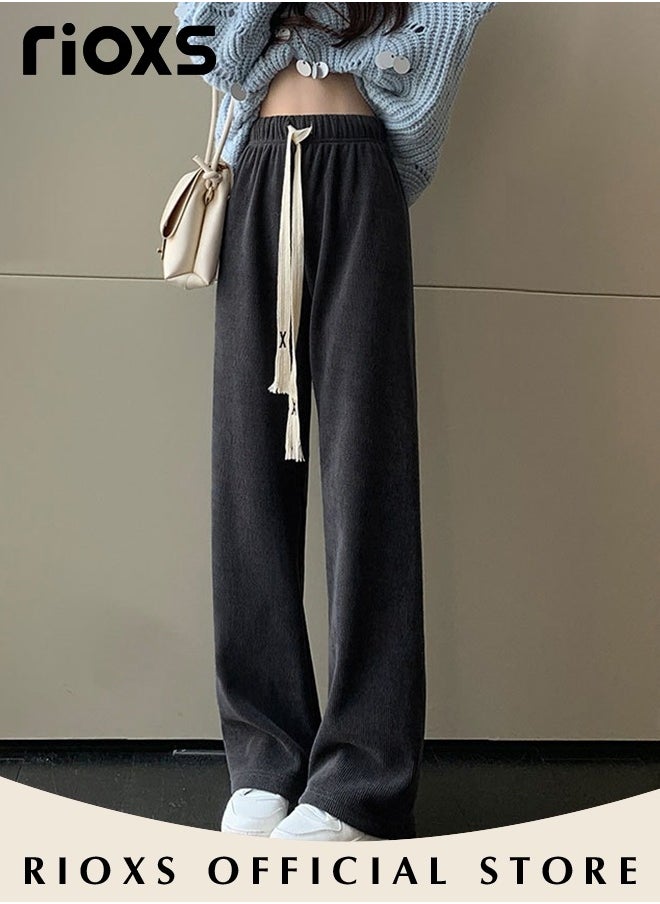 Women's Vintage Drawstrings Wide Leg Corduroy Pants Casual High Waisted Straight Leg Trouser for Fall