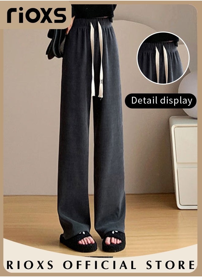 Women's Vintage Drawstrings Wide Leg Corduroy Pants Casual High Waisted Straight Leg Trouser for Fall