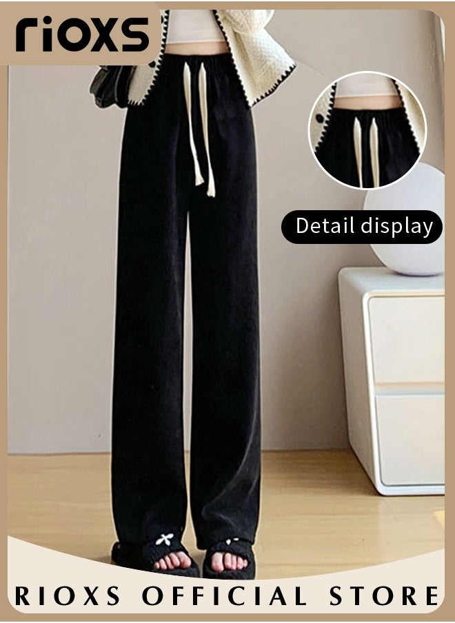 Women's Vintage Drawstrings Wide Leg Corduroy Pants Casual High Waisted Straight Leg Trouser for Fall