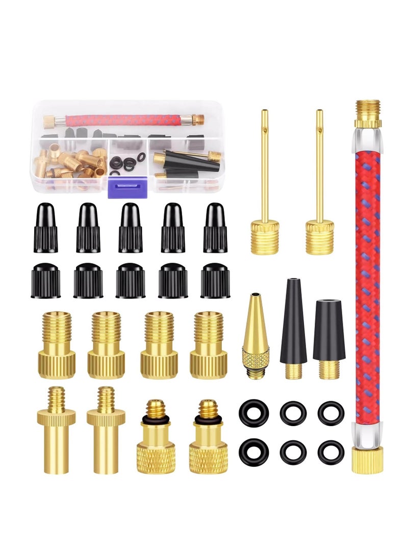 Bike Valve Adapter Set, 30pcs Bicycle Pump Air Valve Converter, Bike Inner Tube Patch Kits, Bike Tire Valve Adapters, Ball Pump Needle Nozzle Inflator Kit for Bike Tire, Gym Ball, Inflatable Toy