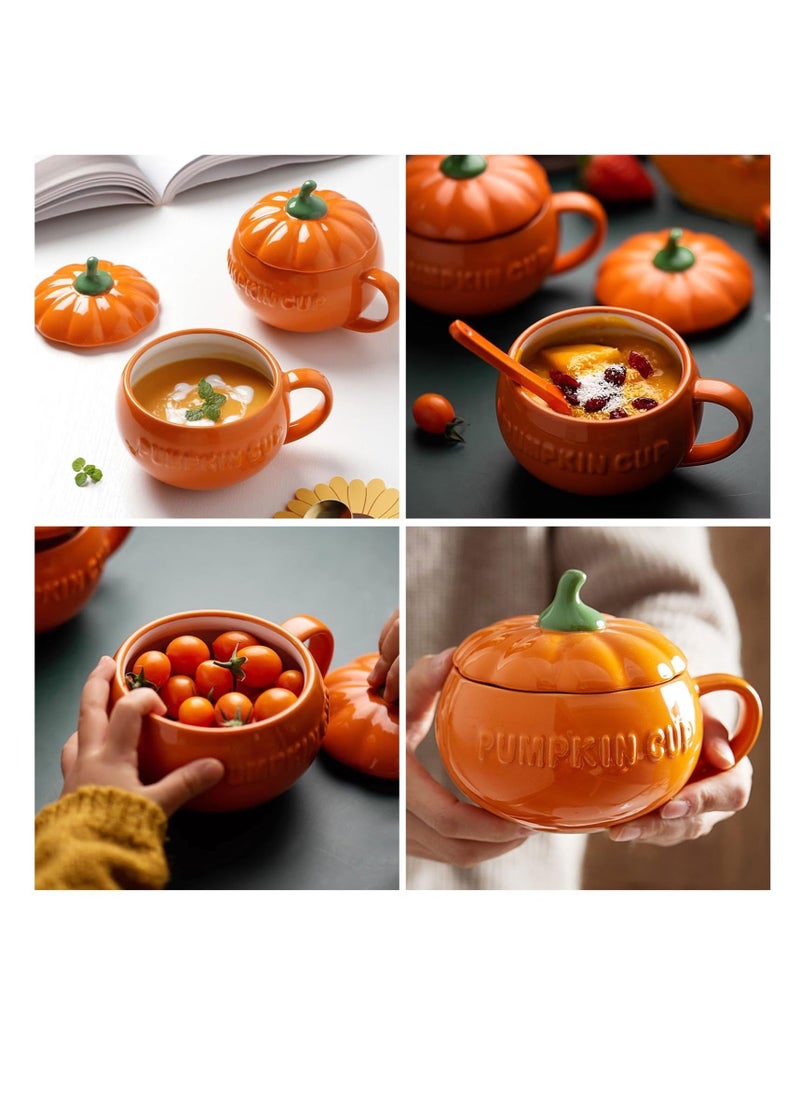 Pumpkin Ceramics Mug, Pumpkin Shape Ceramic Cup, Creative Pumpkin Cup, Coffee Tea Cup, Milk Soup Mug, with Lid Spoon for Spices (Orange)