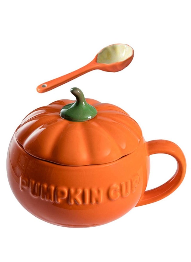 Pumpkin Ceramics Mug, Pumpkin Shape Ceramic Cup, Creative Pumpkin Cup, Coffee Tea Cup, Milk Soup Mug, with Lid Spoon for Spices (Orange)