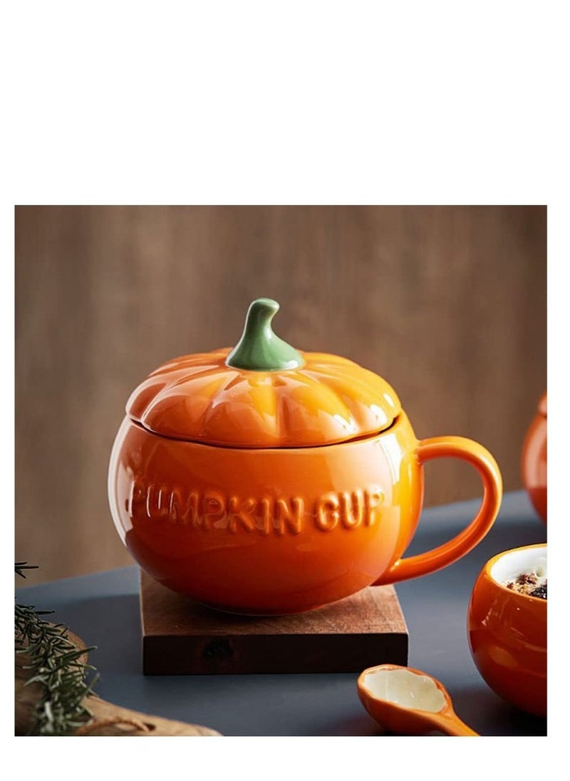 Pumpkin Ceramics Mug, Pumpkin Shape Ceramic Cup, Creative Pumpkin Cup, Coffee Tea Cup, Milk Soup Mug, with Lid Spoon for Spices (Orange)