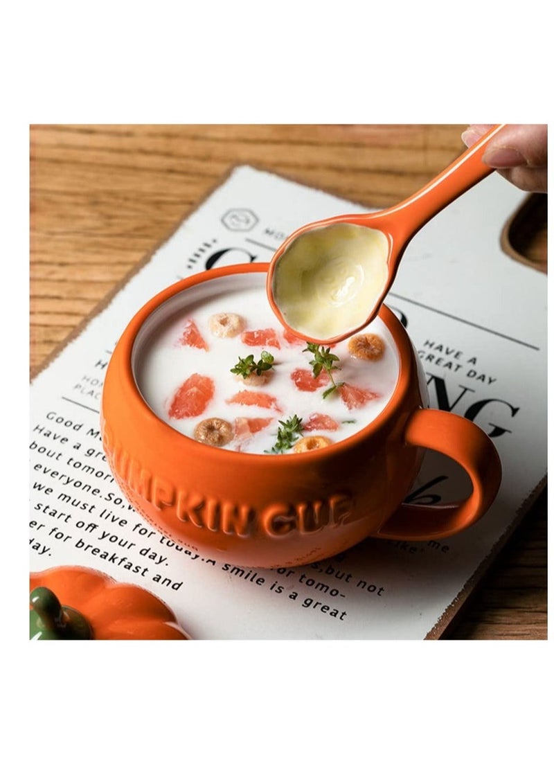 Pumpkin Ceramics Mug, Pumpkin Shape Ceramic Cup, Creative Pumpkin Cup, Coffee Tea Cup, Milk Soup Mug, with Lid Spoon for Spices (Orange)