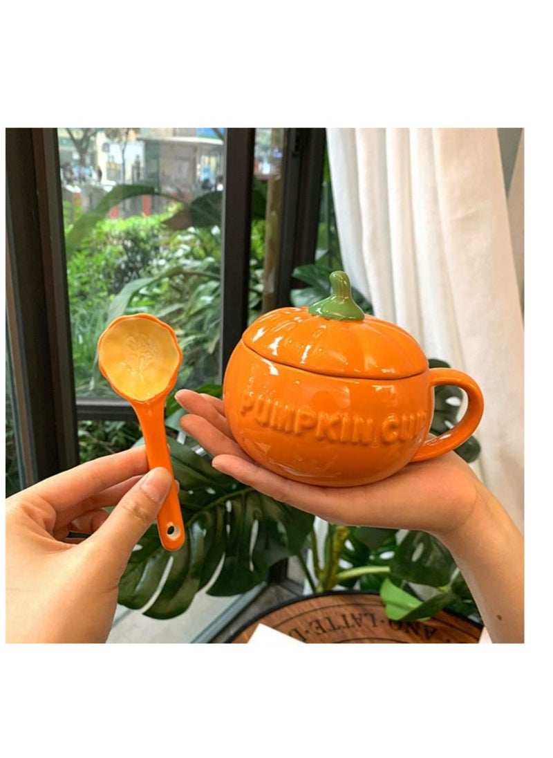 Pumpkin Ceramics Mug, Pumpkin Shape Ceramic Cup, Creative Pumpkin Cup, Coffee Tea Cup, Milk Soup Mug, with Lid Spoon for Spices (Orange)