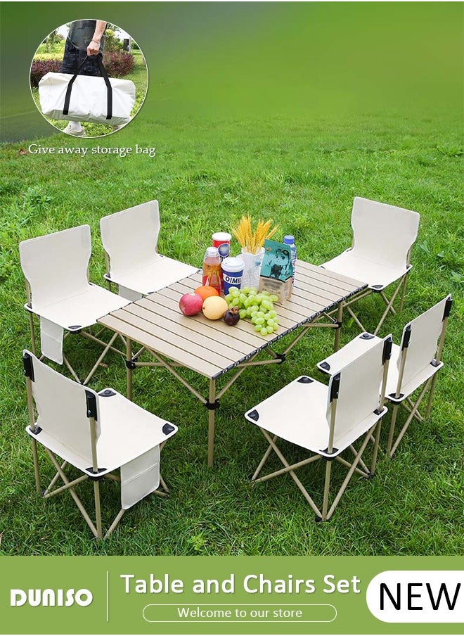 7PCS Folding Table and Chairs Set, Portable Picnic Long Table with 6 Seats ,Camping Table with Easy Carrying Bag, Lightweight Folding Egg Roll Table and Chair Set for Outdoor Camping Picnic BBQ, Party and Dining