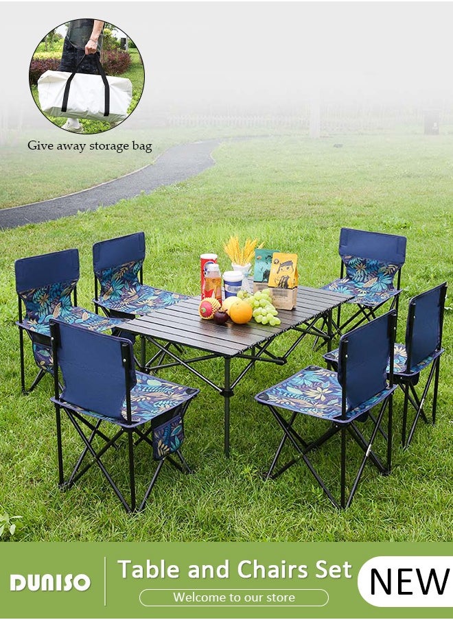 7PCS Folding Table and Chairs Set, Portable Picnic Long Table with 6 Seats ,Camping Table with Easy Carrying Bag, Lightweight Folding Egg Roll Table and Chair Set for Outdoor Camping Picnic BBQ, Party and Dining