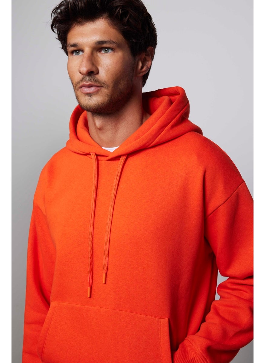 Unisex Oversize Wide Cut Cotton Soft Textured Polar Fleece Basic Orange Hooded Sweatshirt