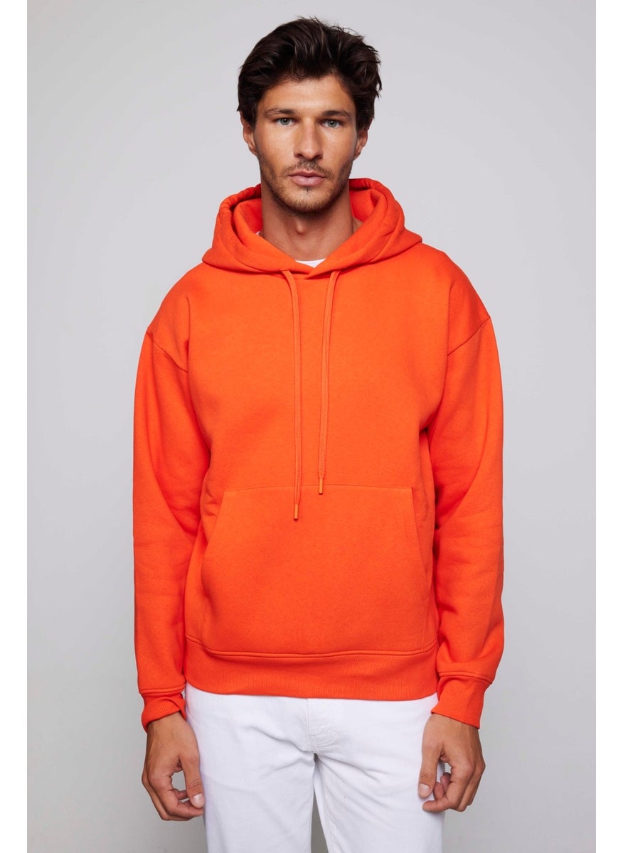 Unisex Oversize Wide Cut Cotton Soft Textured Polar Fleece Basic Orange Hooded Sweatshirt