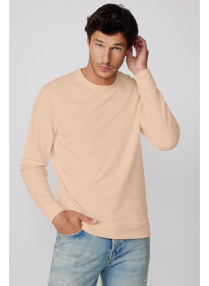 Unisex Relax Fit Comfortable Cut Cotton Basic Beige Crew Neck Sweatshirt