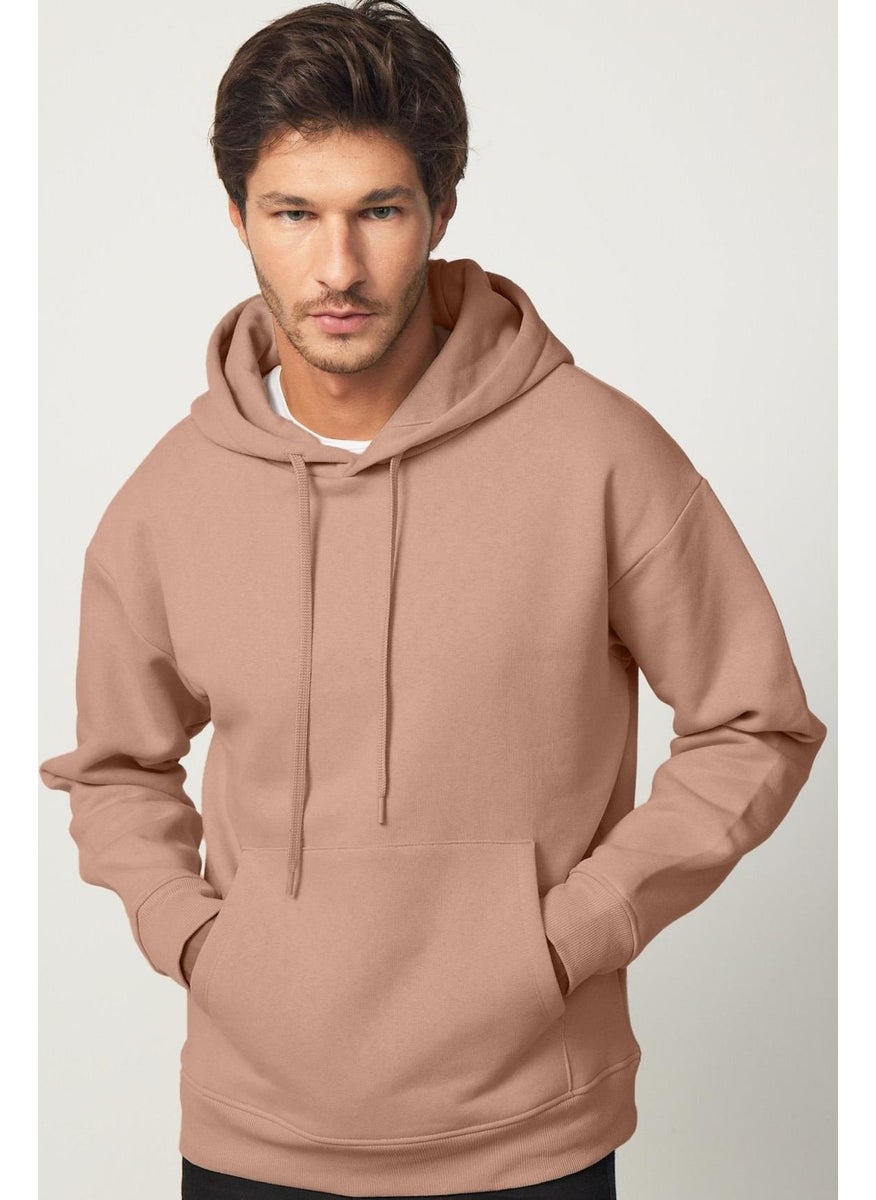 Unisex Oversize Wide Cut Cotton Soft Textured Polar Fleece Basic Mink Color Hooded Sweatshirt