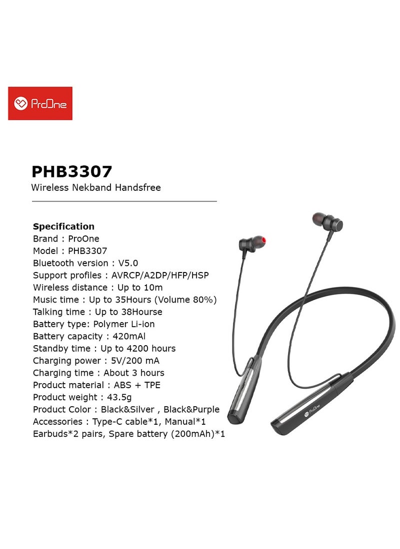 ProOne PHB3307 Bluetooth Neckband Headphones offering Wireless Connectivity and 35-Hour Music Playtime with Spare Battery for Active Lifestyles