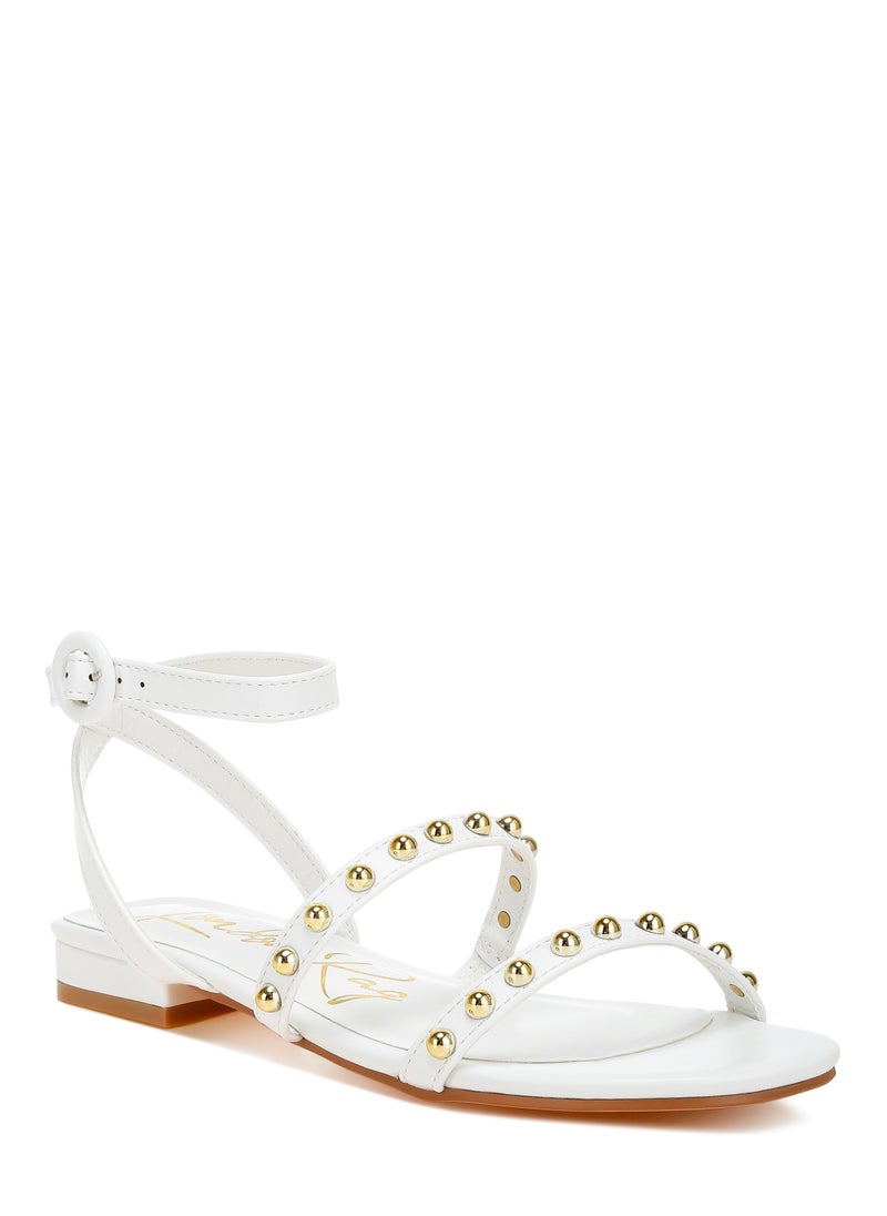 Studded Ankle Strap Flat Sandals in Off White