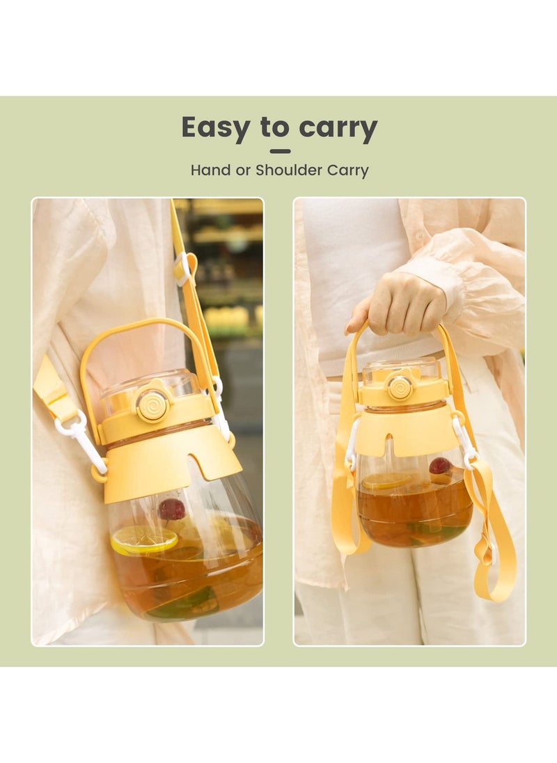 44oz Kawaii Water Bottles with Straw, with Two Ways to Drink, Leakproof Water Jug with Portable Strap for Teen Adults, for School Office Travel