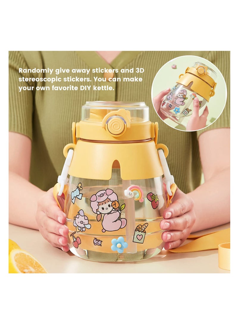 44oz Kawaii Water Bottles with Straw, with Two Ways to Drink, Leakproof Water Jug with Portable Strap for Teen Adults, for School Office Travel