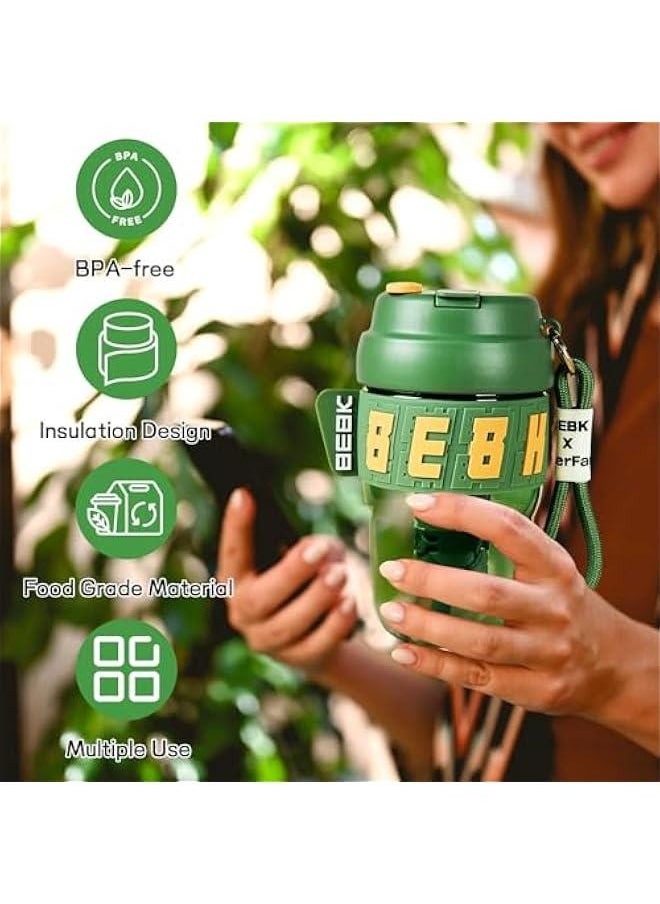 Travel Coffee Mug,20oz Coffee Cup with Leakproof Lid and Straw, Non-Slip Design, Portable Vacuum Cups with Detachable Filter for Hot, Cold Water, Coffee,Tea for Outdoor Hiking Traveling (Green)