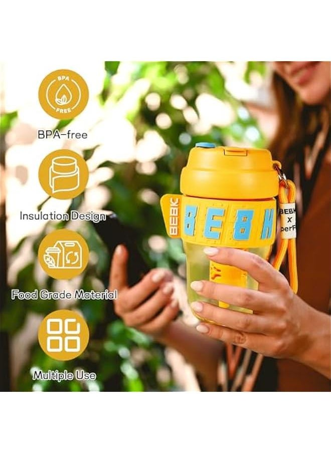 Travel Coffee Mug,20oz Coffee Cup with Leakproof Lid and Straw, Non-Slip Design, Portable Vacuum Cups with Detachable Filter for Hot, Cold Water, Coffee,Tea for Outdoor Hiking Traveling (Yellow)