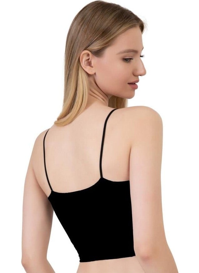 Microfiber Textured Thin Strap Black Crop Top Bustier