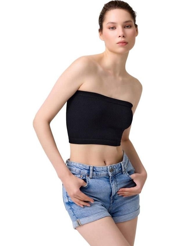 Premium - Women's Black Seamless Strapless Crop Top Bustier