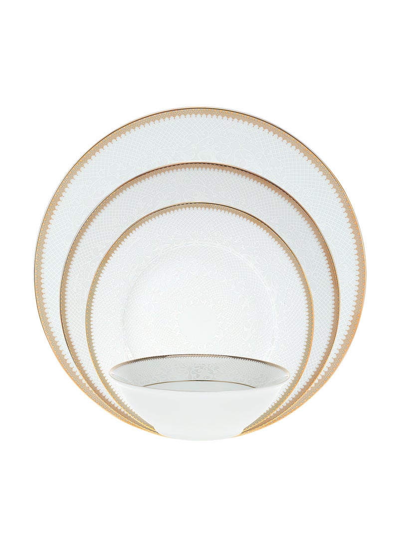 24 Piece Porcelain Dinner Set - Dishes, Plates - Dinner Plate, Side Plate, Bowl - Serves 6 - Festive Design White/Gold Web White/Gold Web