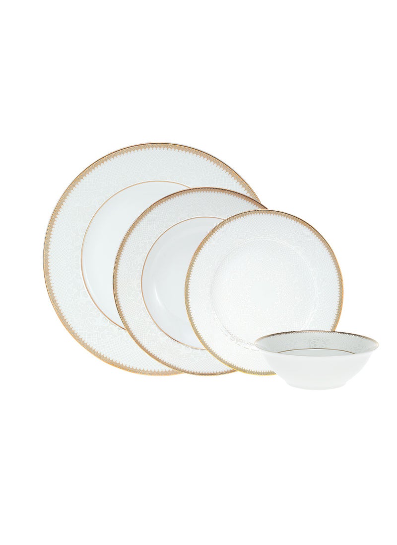 24 Piece Porcelain Dinner Set - Dishes, Plates - Dinner Plate, Side Plate, Bowl - Serves 6 - Festive Design White/Gold Web White/Gold Web