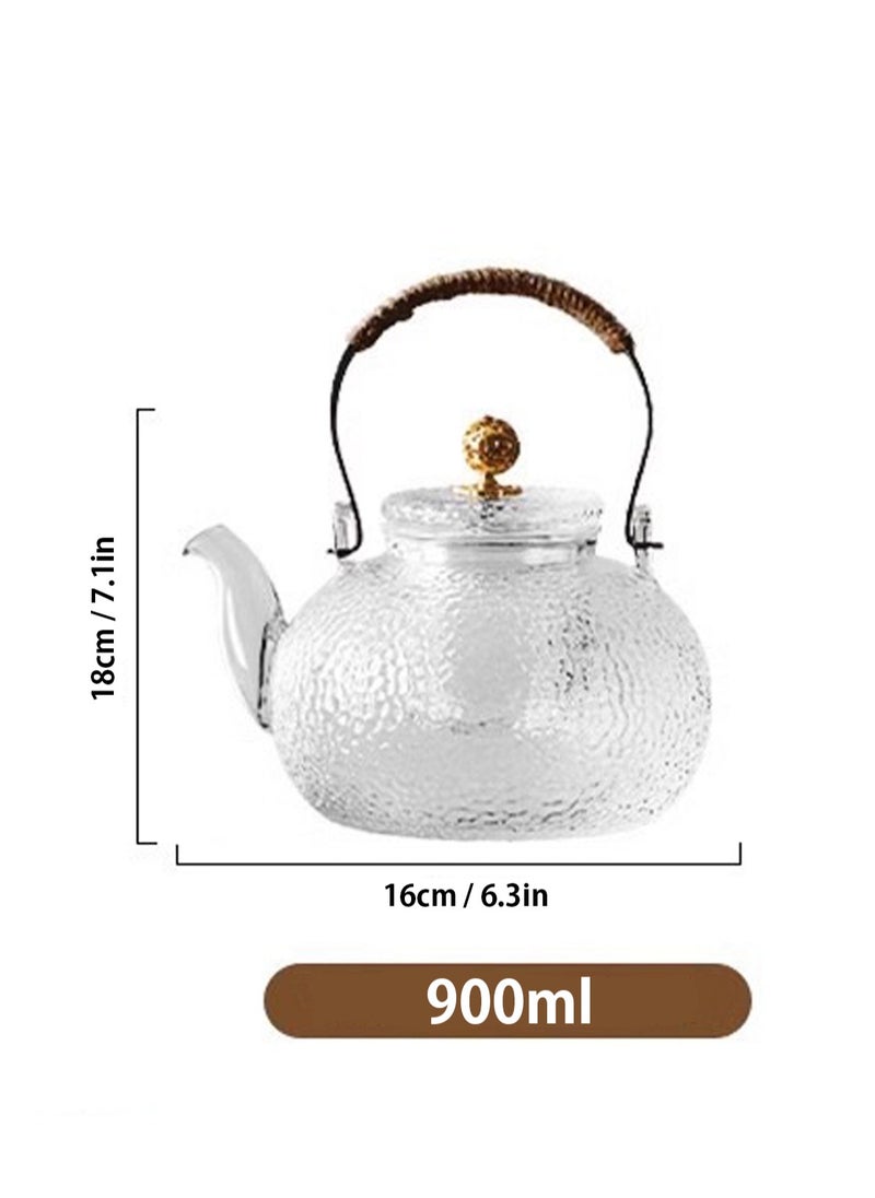 900 ml glass teapot, glass teapot with strainer insert, anti-scald handle and teapot with glass lid, hammered jet pot, teapots for loose tea, for stove, electric hob