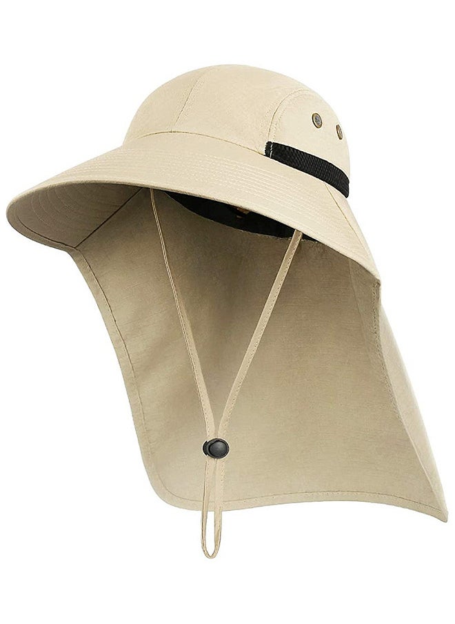 Outdoor Sun Hat For Men And Women, 50+ UPF Protection Safari Cap Wide Brim Pure Cotton Fishing With Neck Flap, Khaki