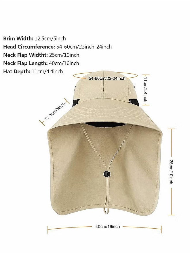 Outdoor Sun Hat For Men And Women, 50+ UPF Protection Safari Cap Wide Brim Pure Cotton Fishing With Neck Flap, Khaki