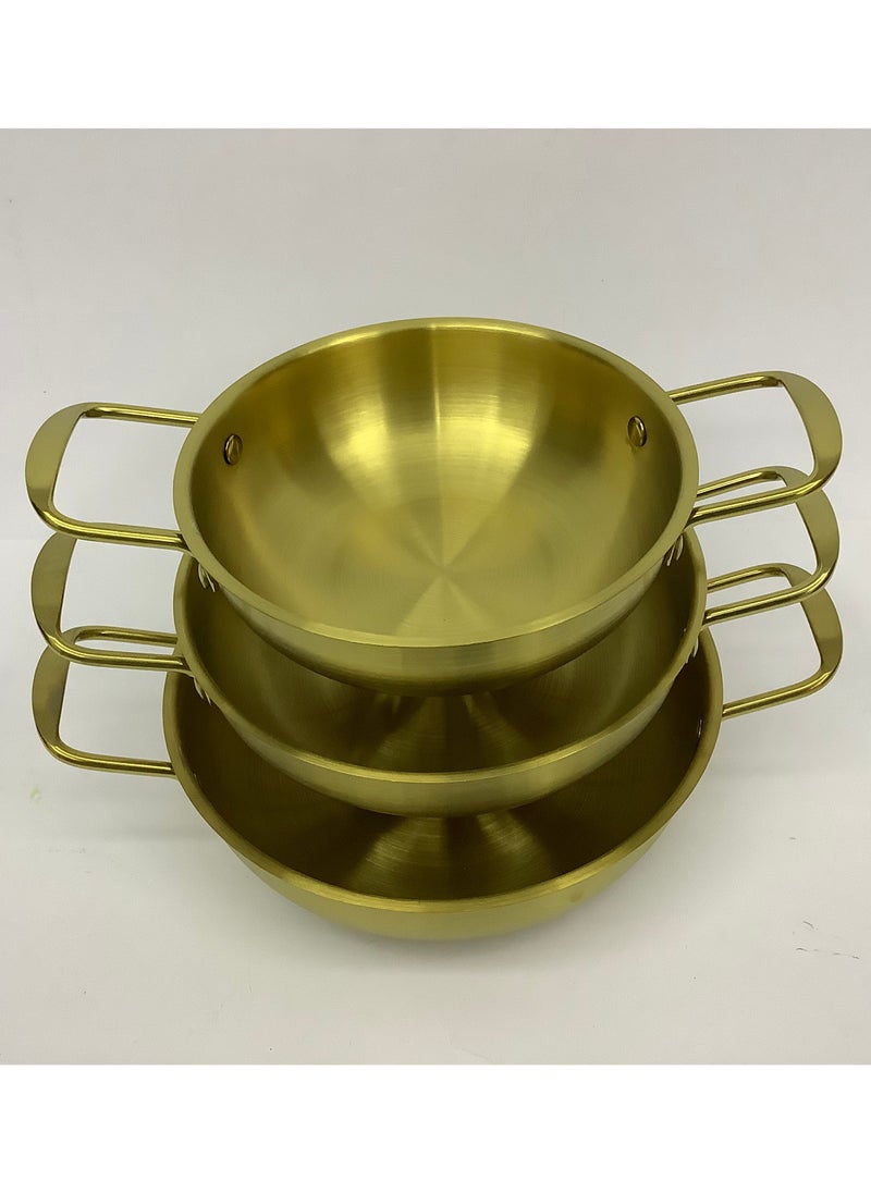 Golden Pan with 2 Side Handle - Kadai (19cm Diam x  6cm Depth, 21cm Diam x  6cm Depth, 23cm Diam x  6cm Depth) - Set of 3 Pieces