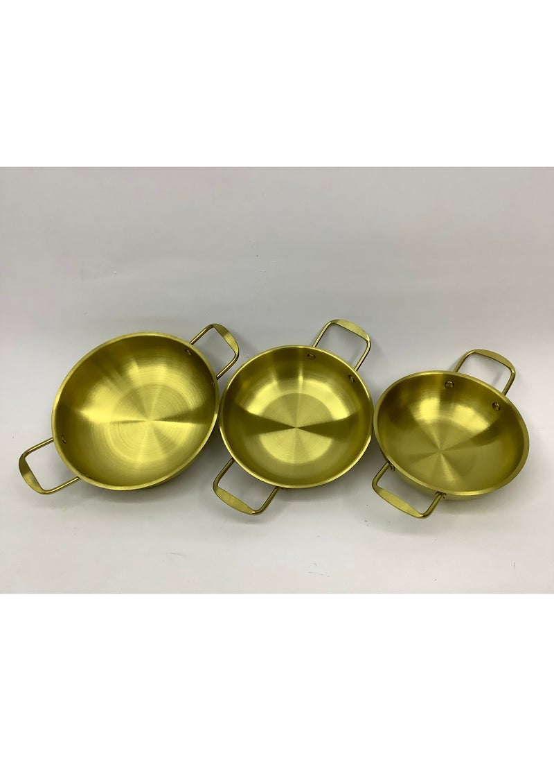 Golden Pan with 2 Side Handle - Kadai (19cm Diam x  6cm Depth, 21cm Diam x  6cm Depth, 23cm Diam x  6cm Depth) - Set of 3 Pieces