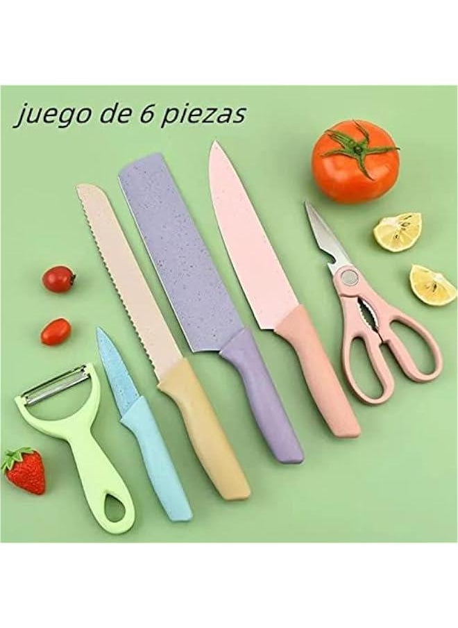 Premium 6 Piece Knife Set, Colorful Knife Set, Cute Fruit Knife Set with PP Handle High Sharpnesse Kitchen Knife Cutlery with Peeler Scissor for Professional Cooking Needs and Daily Cooking