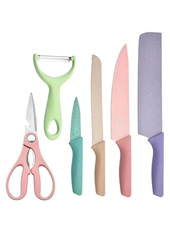 Premium 6 Piece Knife Set, Colorful Knife Set, Cute Fruit Knife Set with PP Handle High Sharpnesse Kitchen Knife Cutlery with Peeler Scissor for Professional Cooking Needs and Daily Cooking