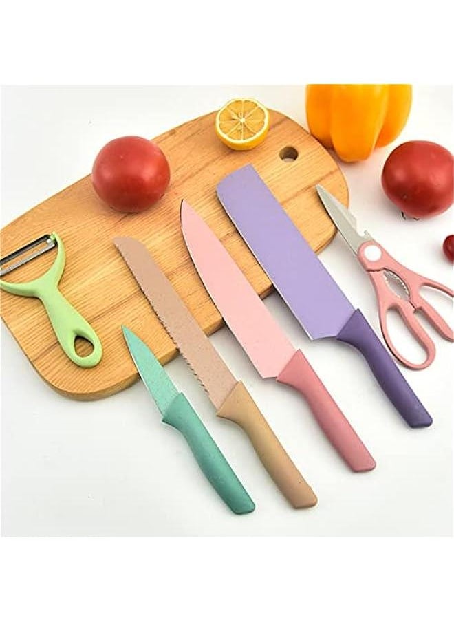 Premium 6 Piece Knife Set, Colorful Knife Set, Cute Fruit Knife Set with PP Handle High Sharpnesse Kitchen Knife Cutlery with Peeler Scissor for Professional Cooking Needs and Daily Cooking