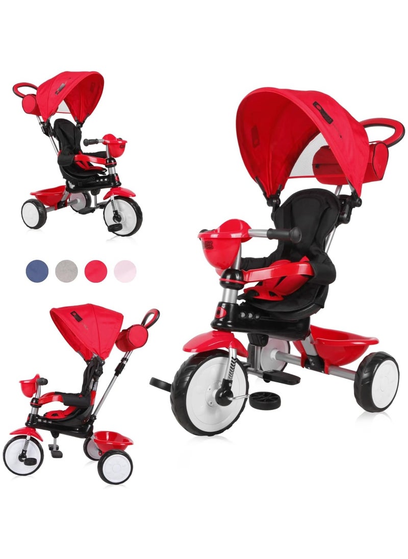 Lorelli Tricycle for Kids One with Push Handle from 10 months up to 6 years, Toddlers Cycle, Toddler Bike, Safety Belt, 360 Rotatable, EVA Wheels, UPF50+ Canopy, Toy Basket, Red