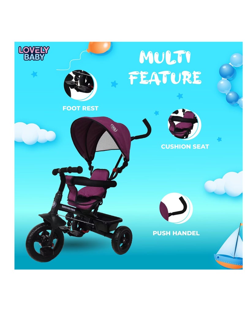 Tricycle, Baby Push Trike, Kids First Bike, Pushchair, with Sun Canopy, Parent Handle & Footrest (Purple)