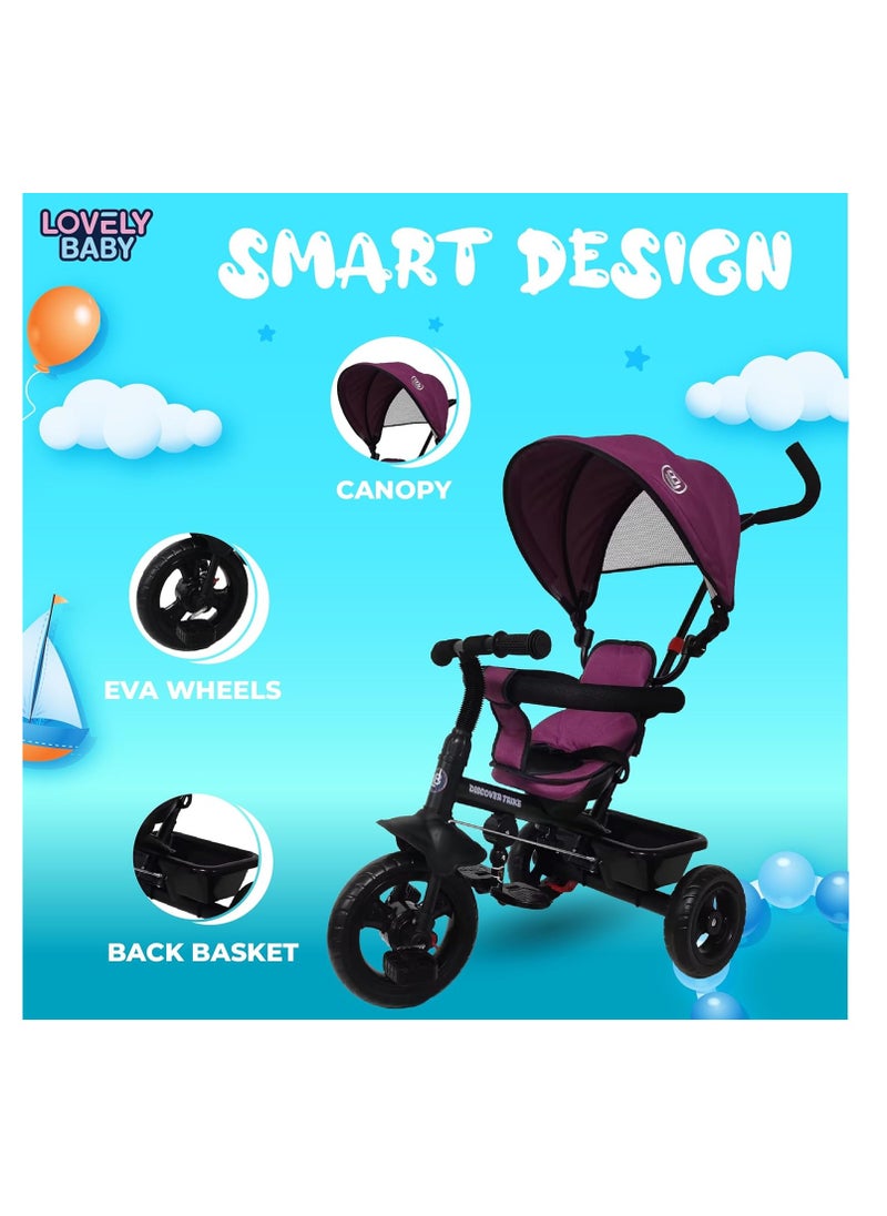 Tricycle, Baby Push Trike, Kids First Bike, Pushchair, with Sun Canopy, Parent Handle & Footrest (Purple)