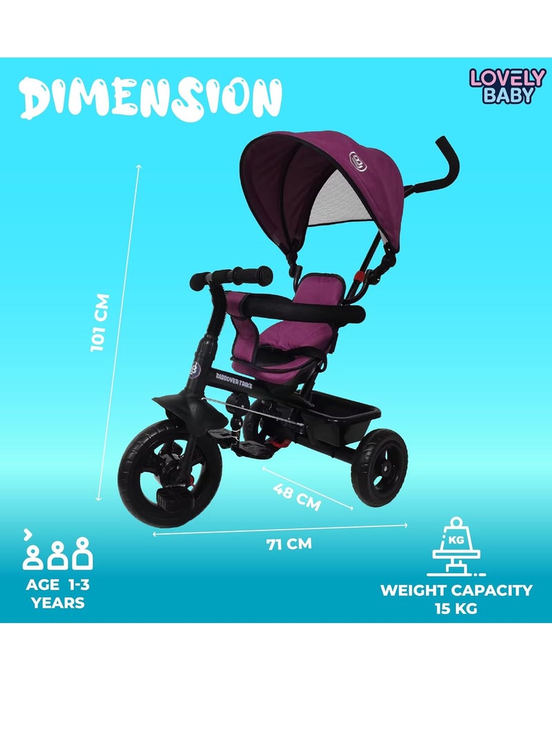 Tricycle, Baby Push Trike, Kids First Bike, Pushchair, with Sun Canopy, Parent Handle & Footrest (Purple)